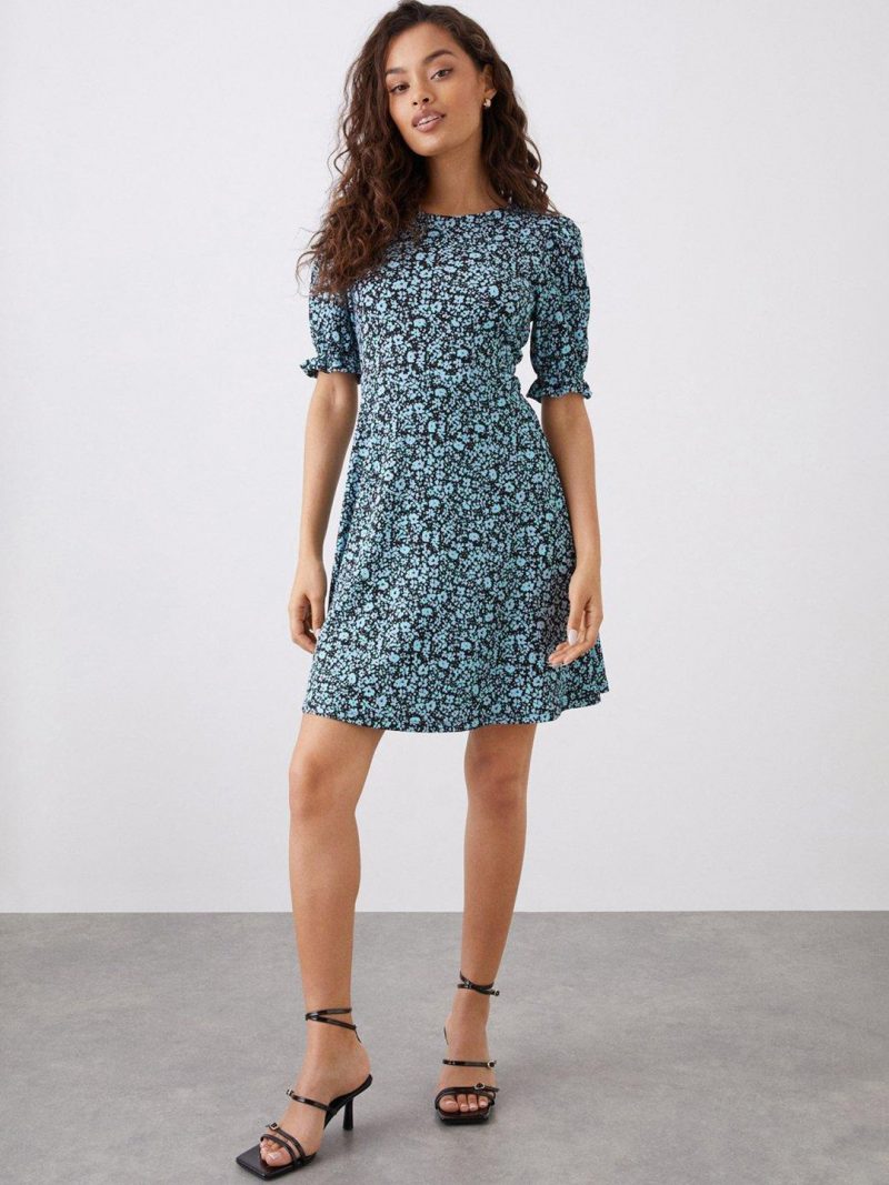 Petite Floral Print Puff Sleeve A-Line Dress