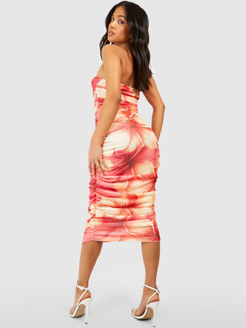 Petite Floral Print Ruched Bandeau Midi Dress - Image 3