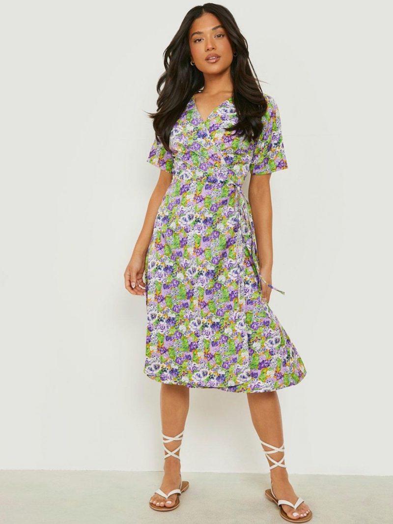 Petite Floral Print Midi Wrap Dress