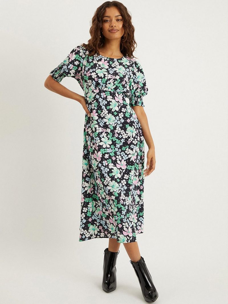 Petite Floral Print Shirred Cuff Midi Dress