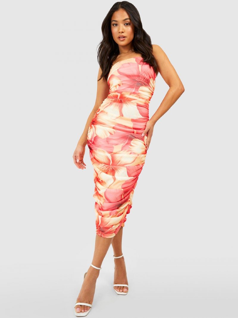 Petite Floral Print Ruched Bandeau Midi Dress