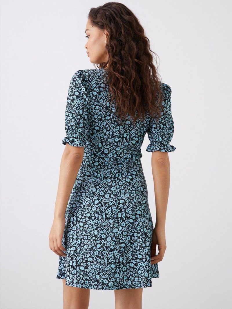 Petite Floral Print Puff Sleeve A-Line Dress - Image 3