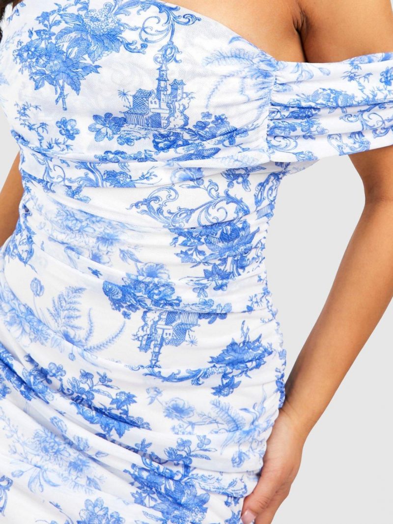 Petite Floral Striped Ruched Off-Shoulder Sheath Midi Dress - Image 2