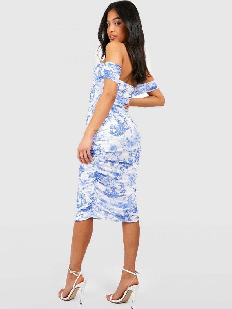 Petite Floral Striped Ruched Off-Shoulder Sheath Midi Dress - Image 3