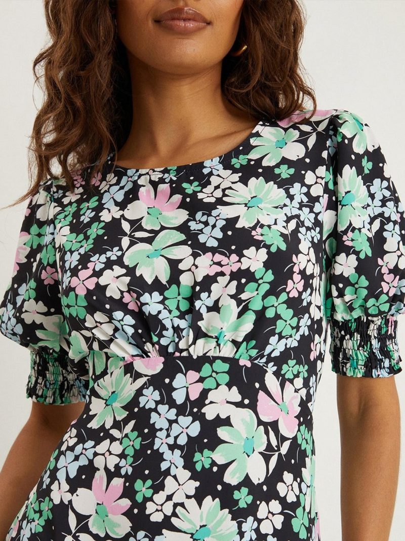Petite Floral Print Shirred Cuff Midi Dress - Image 2