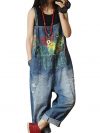 Women Casual Loose Denim Jumpsuits Rompers Boyfriend Plus Size Baggy Jeans Overalls Hand Printed Distressed Poled/Pockets P60
