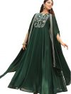 Janasya Women's Dark Green Georgette Embroidered Anarkali Dress with Cape