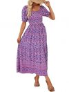 ZESICA Women's Boho Floral Print Ruffle Dress Short Sleeve Square Neck Swing Long Maxi Dress Purple
