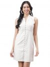 Latin Quarters Women Beige No Sleeve Mandarin Collar A-Line Dress