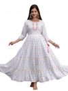 M32-PRESENTING Our New Launching in Beautiful Long Gown Rayon Fabric Print Embroidery Work gota Work Anarkali Gown for Women and Girls White