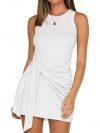 LIYOHON Women's Summer Short Dress Casual Crewneck Sleeveless Solid Color Ruched Tie Waist Bodycon Tank Mini Dresses (TT/White, Small, s)