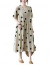 Polka Dot Dress for Women Street Fashion Loose Panels Cotton Linen V-Neck Short Sleeve Dress Photo Colour M, Photo colour, M