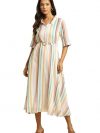 W for Woman Women's Flared Below The Knee Dress with Belt Stripe Print