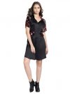 SHAYE Notch Lapel Collar Black Printed Short Sleeves Party Shirt Dress for Women