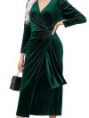R.Vivimos Womens Velvet V Neck Wrap Dress Fall Winter Long Sleeve Waist Ruched Elastic Elegant Midi Dress