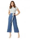 Miss Chase Women's Multicolored Round Neck Short Sleeves Floral Waist Tie-Up Regular Length Jumpsuit