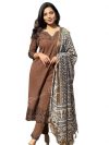 ROYAL ARTSY Women Pure Cotton Brown Kurti Pant Dupatta Set