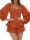 Ahtyeo Women's Casual Off Shoulder Romper Double Layer Ruffle Hem Waist Tie Short Jumpsuits Long Baggy Sleeves Mini Dress, A Brown, Small