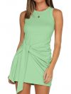 LIYOHON Women's Summer Short Dress Casual Crewneck Sleeveless Solid Color Ruched Tie Waist Bodycon Tank Mini Dresses Green-M