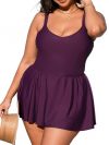 CUPSHE Plus Size Swimsuit for Women One Piece Bathing Suit Scoop Neck Ruffled Swim Dress Adjustable Straps, Blackberry Wine, X-Large