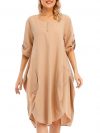 Belity Women Tunic Dress Roll-up Short Sleeve Comfortable Cotton Pockets Irregular Hem Solid Baggy Midi Dress