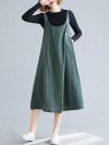 Homgee Women Cotton Linen Pinafore Midi Dress Wide Straps Buttoned Chest Pockets Open Back A Line Casual Loose Overall Dress, Medium, Green