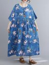 Homgee Vintage Women Cotton Linen Dress Floral Print O Neck Half Sleeve Pocket High Waist Loose Casual Maxi Dress