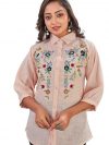 KESUDI Women's Floral Embroidered Button-Down Shirt | Linen 3/4 Sleeve Collared Top Shirt | Stand Collared Casual Wear Top Shirt